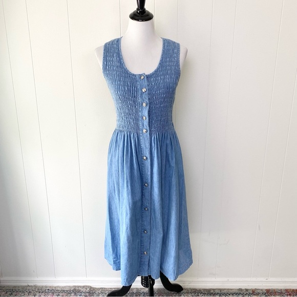 Vintage Bridge Sportswear Denim Midi Dress Blue Smocked Modest Cottagecore Sz S - Picture 1 of 13